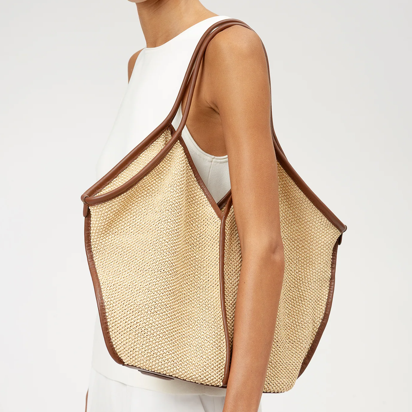V-Cut Natural Straw Large Shoulder Tote Bag