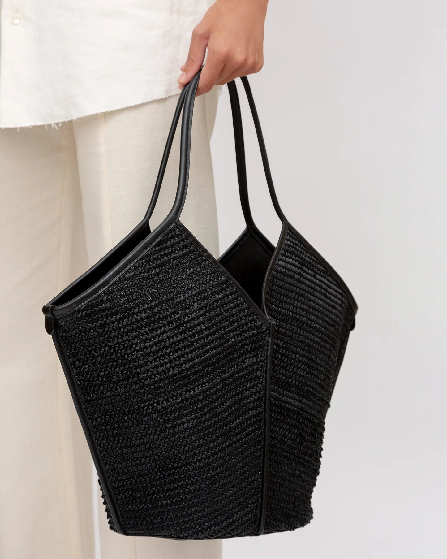 V-Cut Woven Straw Large Tote Bag