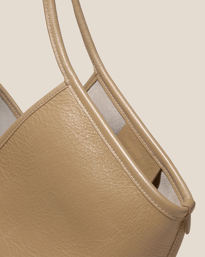 V-Cut Oat Soft Leather Large Shoulder Tote Bag