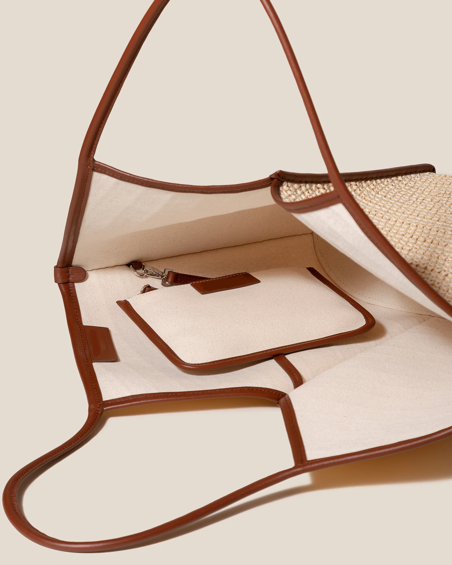 V-Cut Natural Woven Straw Shoulder Tote Bag