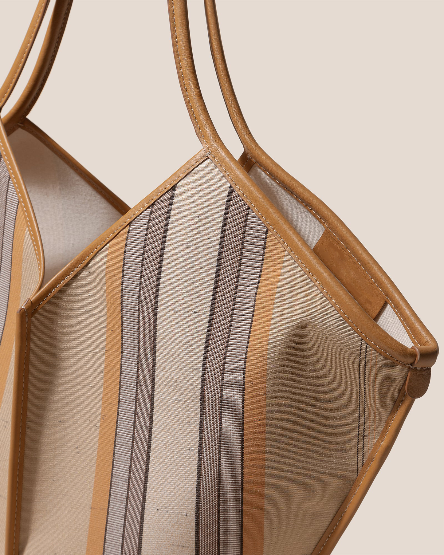 Striped Light Camel Fabric V-Cut Shoulder Tote Bag