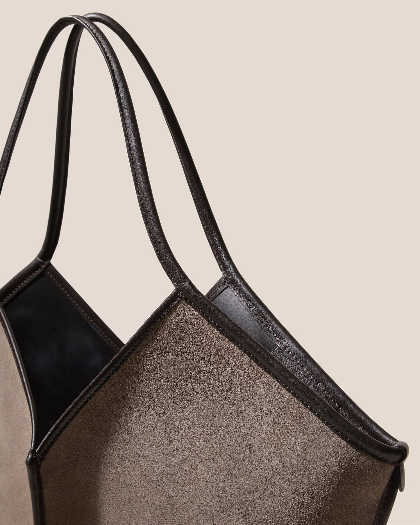 V-Neck Calf Suede Ash Grey Large Tote Bag