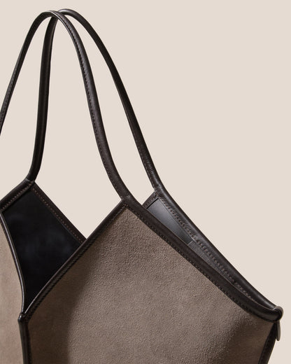 V-Neck Calf Suede Ash Grey Large Tote Bag