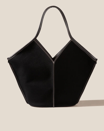 V-Cut Black Fabric Large Shoulder Tote Bag