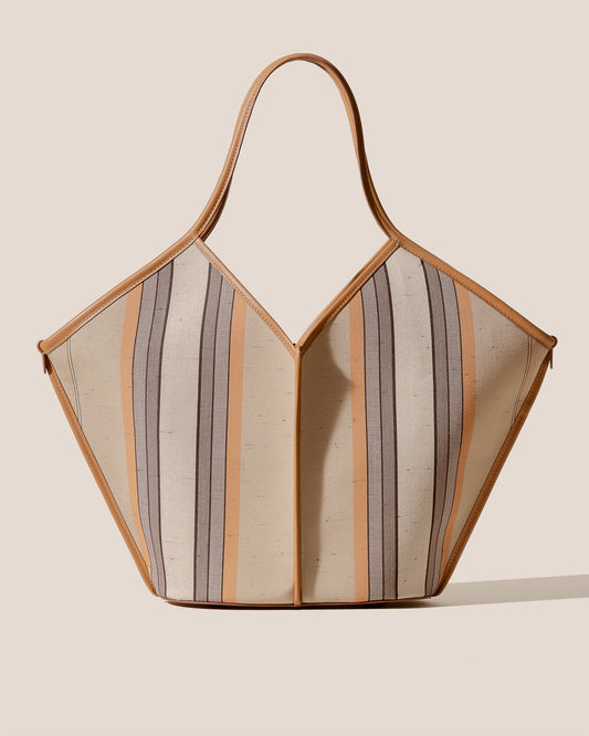 Striped Light Camel Fabric V-Cut Shoulder Tote Bag