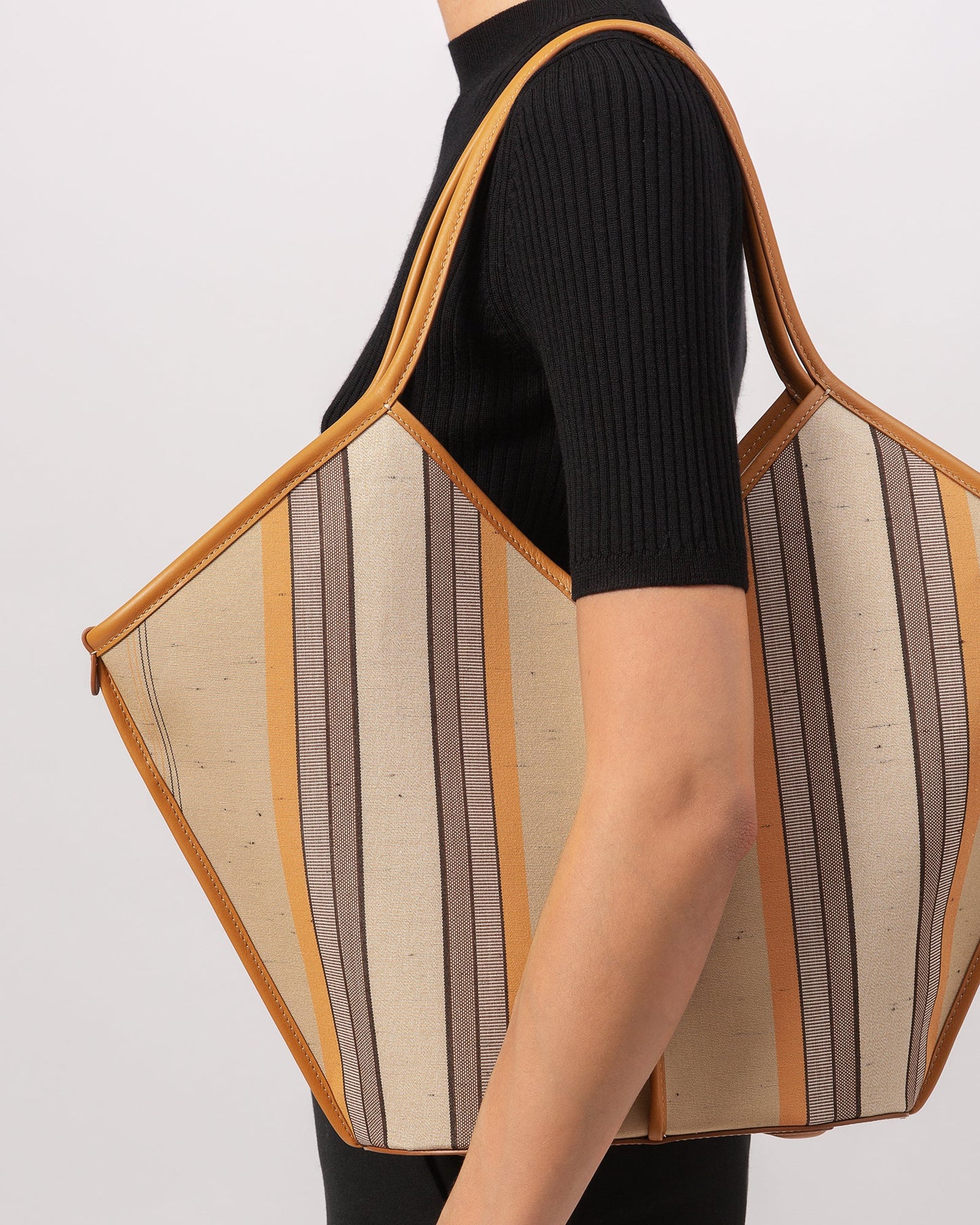 Striped Light Camel Fabric V-Cut Shoulder Tote Bag