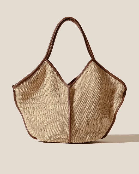 V-Cut Natural Straw Large Shoulder Tote Bag