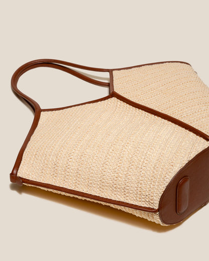 V-Cut Natural Woven Straw Shoulder Tote Bag