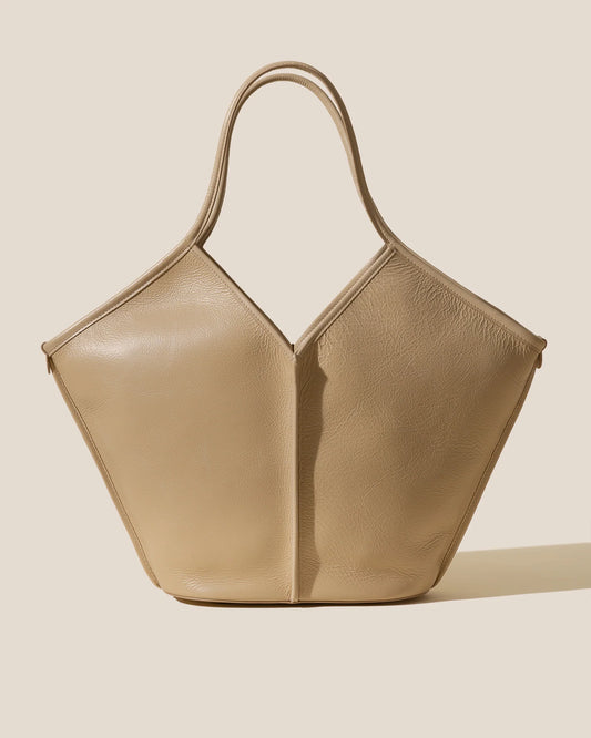 V-Cut Oat Soft Leather Large Shoulder Tote Bag