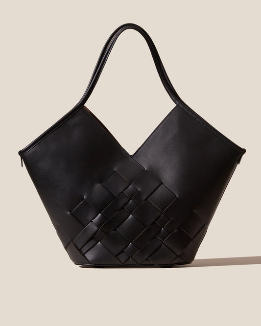 Woven Front V-Cut Leather Large Tote Bag