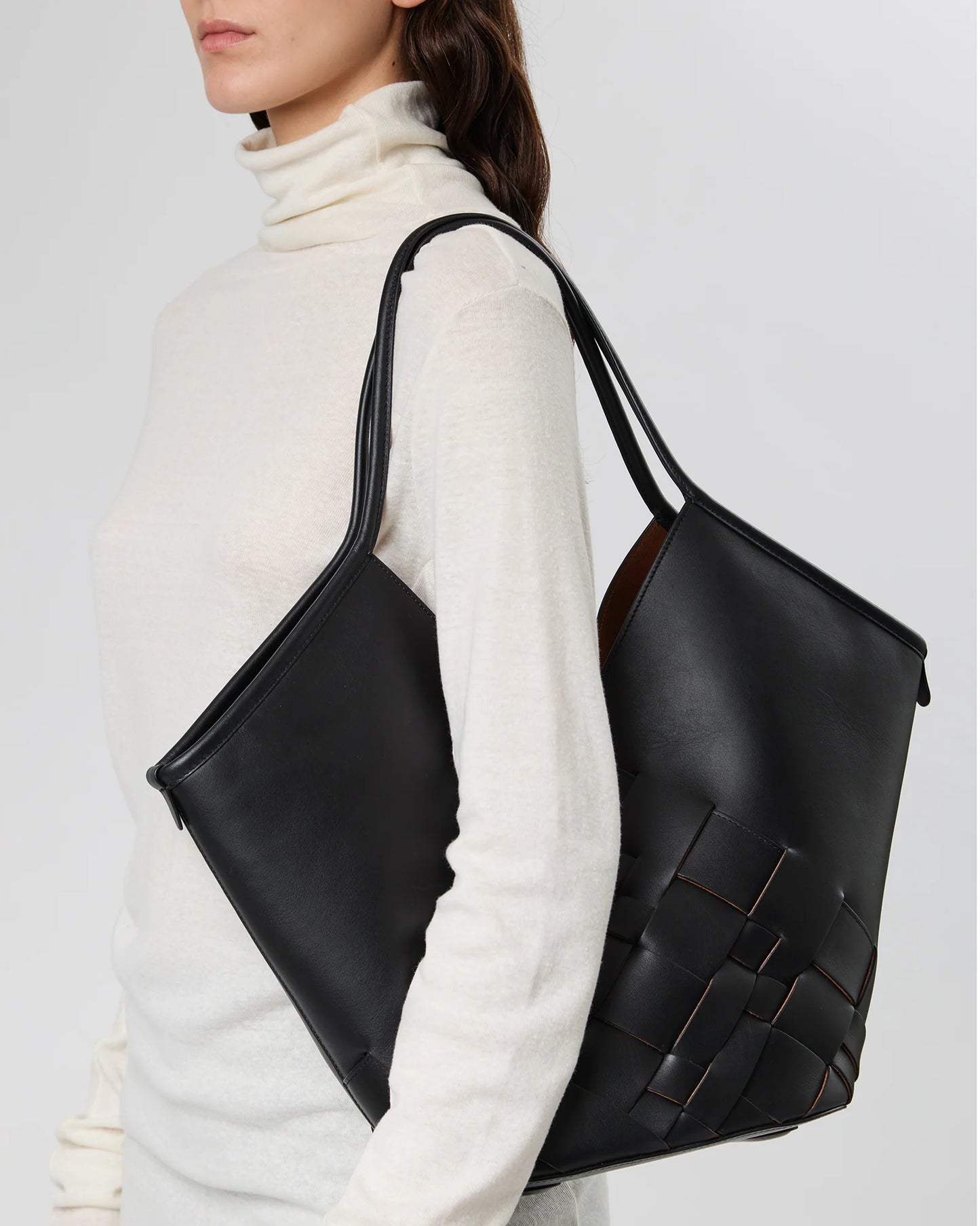 Woven Front V-Cut Leather Large Tote Bag