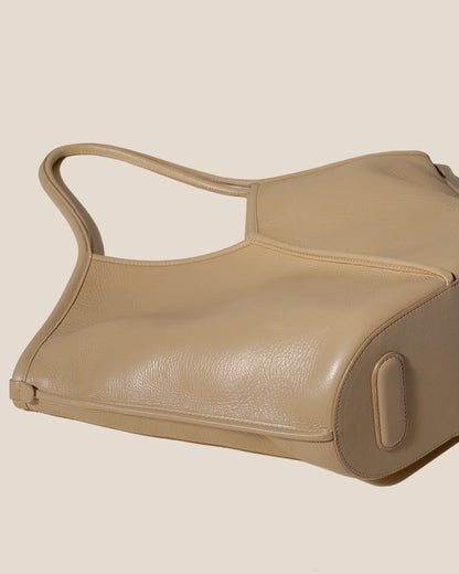 V-Cut Oat Soft Leather Large Shoulder Tote Bag