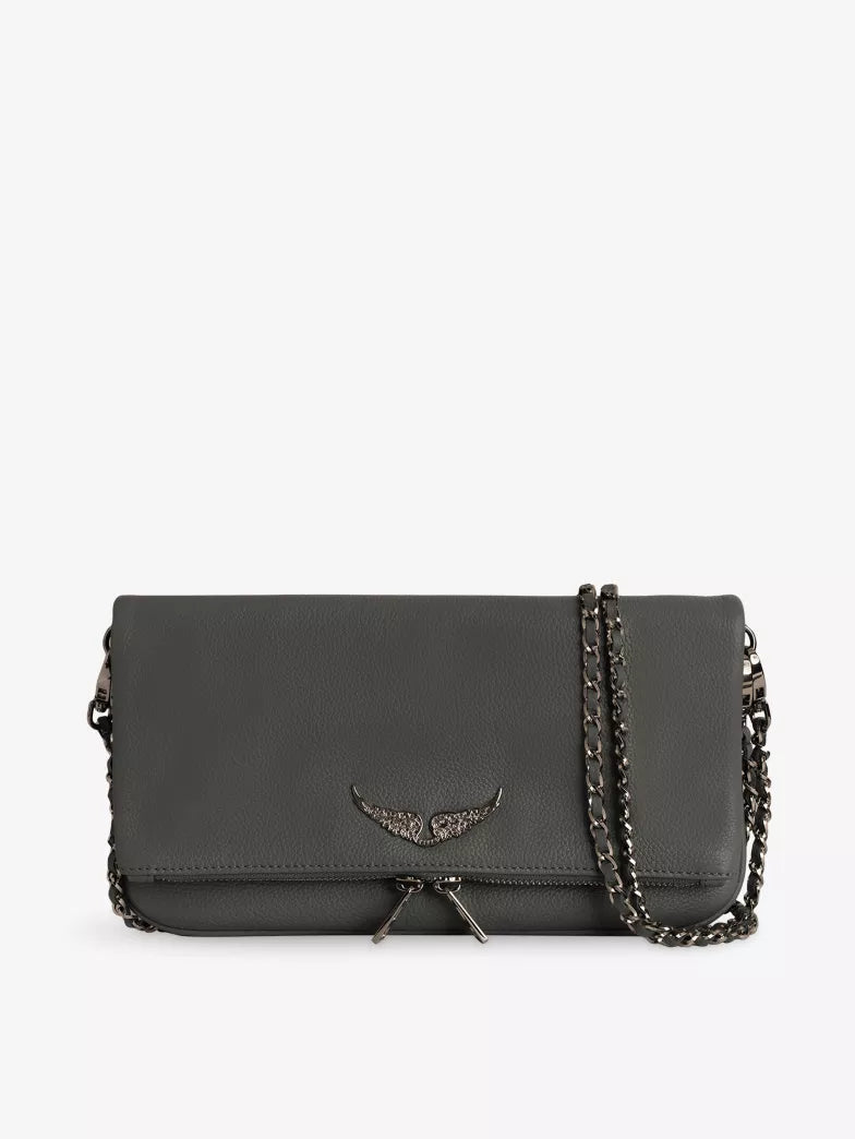 Dark Grey Wing Rhinestone Flap Chain Crossbody Clutch Bag