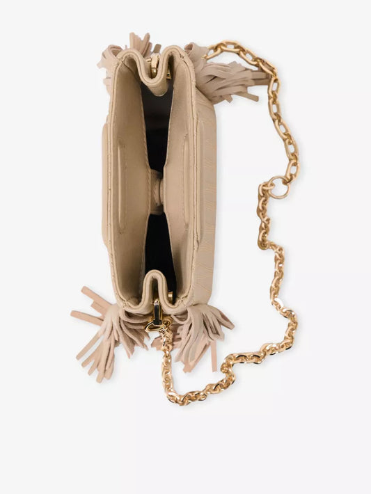 Cream Stitched Fringe Mini Top Handle Crossbody Bag