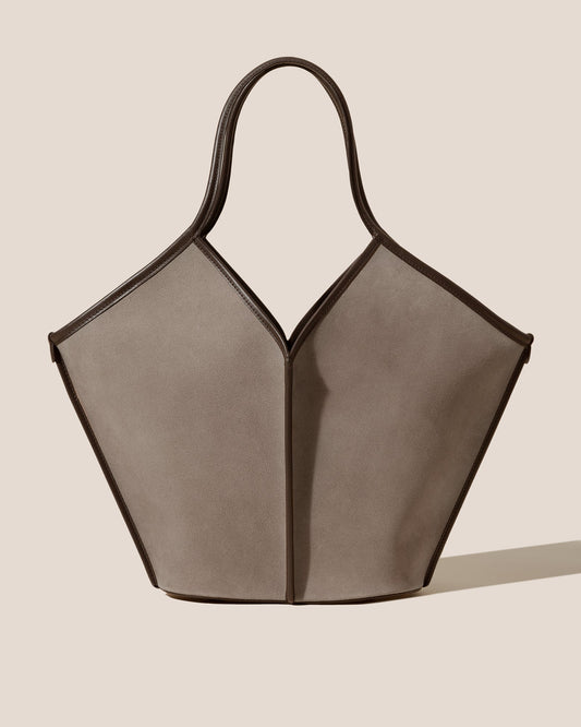 V-Neck Calf Suede Ash Grey Large Tote Bag